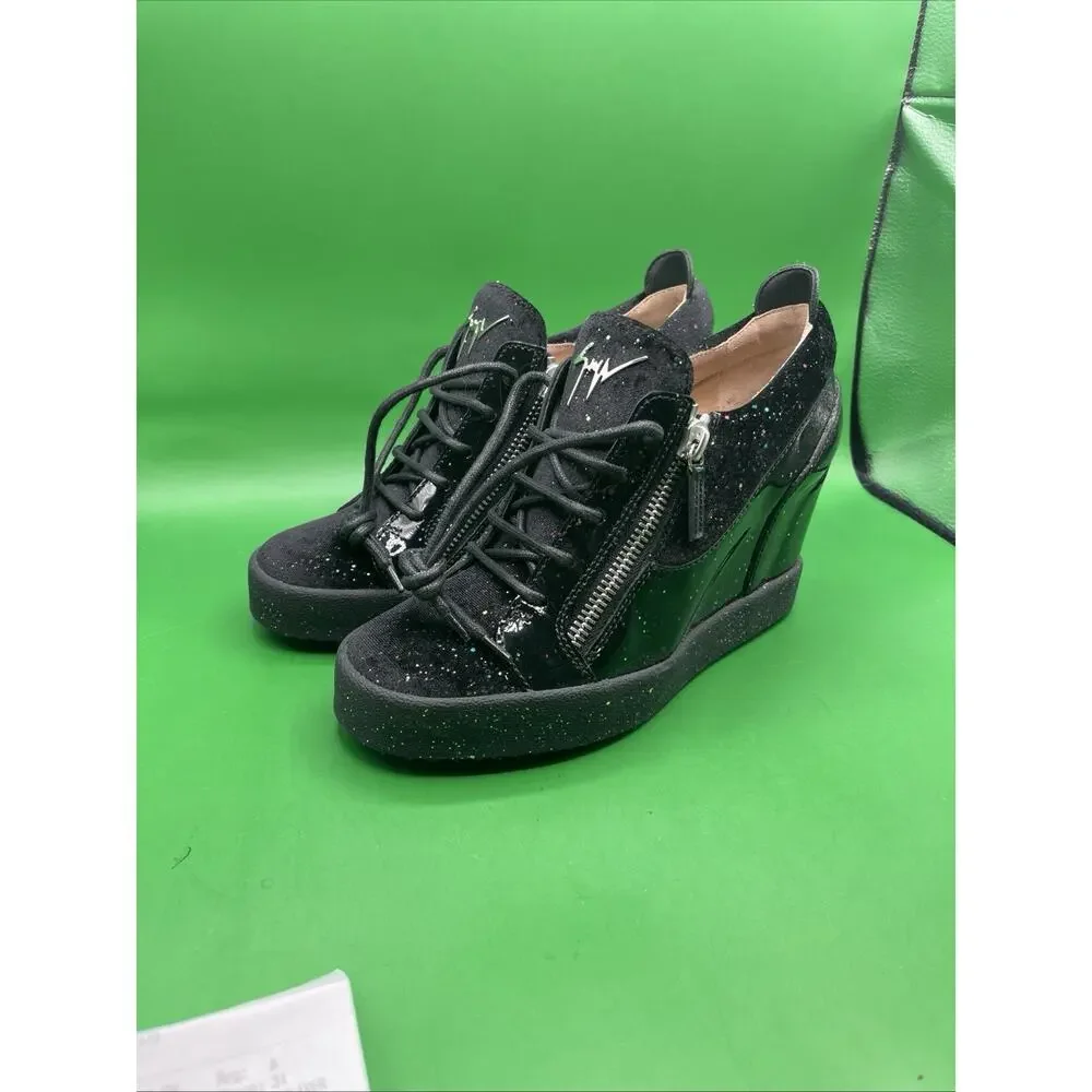 Designer Giuseppe Zanotti Kriss Wedge Sz 41 Black Patent Leather Velvet Glitter